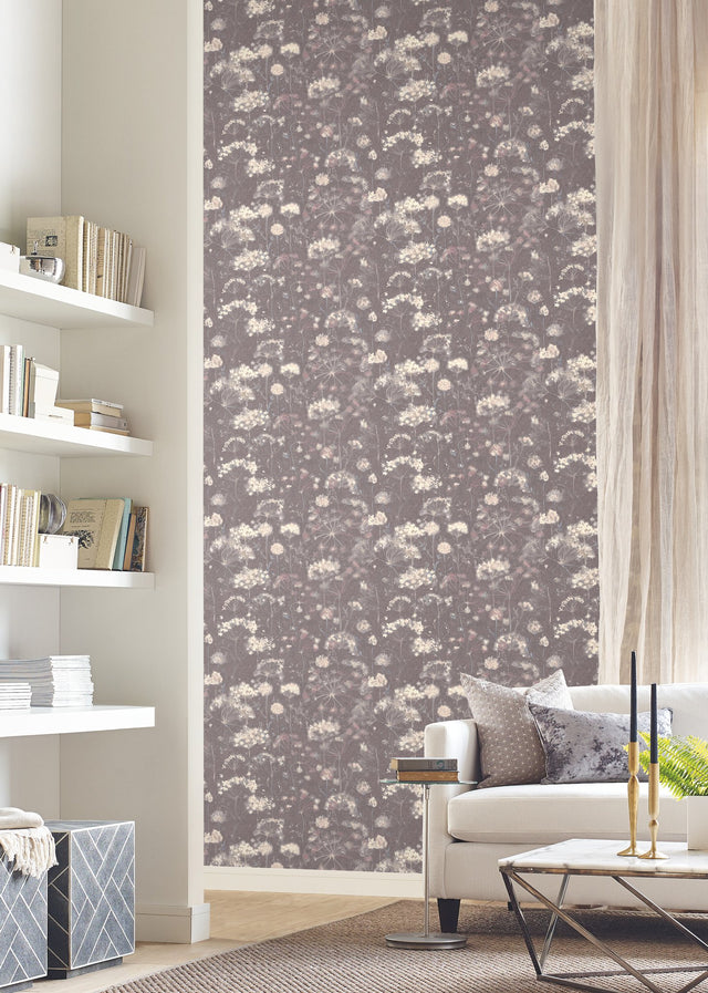 Botanical Fantasy Dark Grey Wallpaper with Misty Floral Motif - York NA0544