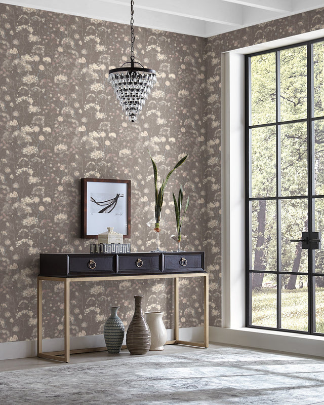 Botanical Fantasy Dark Grey Wallpaper with Misty Floral Motif - York NA0544