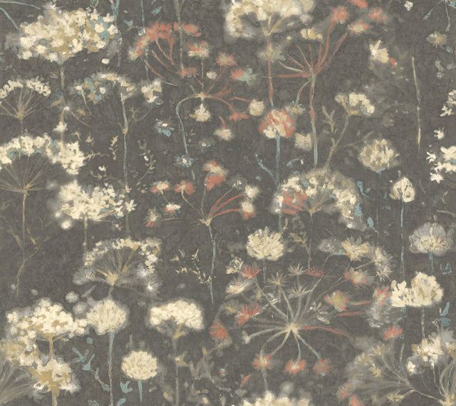 Botanical Fantasy Black Wallpaper with Painterly Floral Pattern, Modern Style - York NA0545