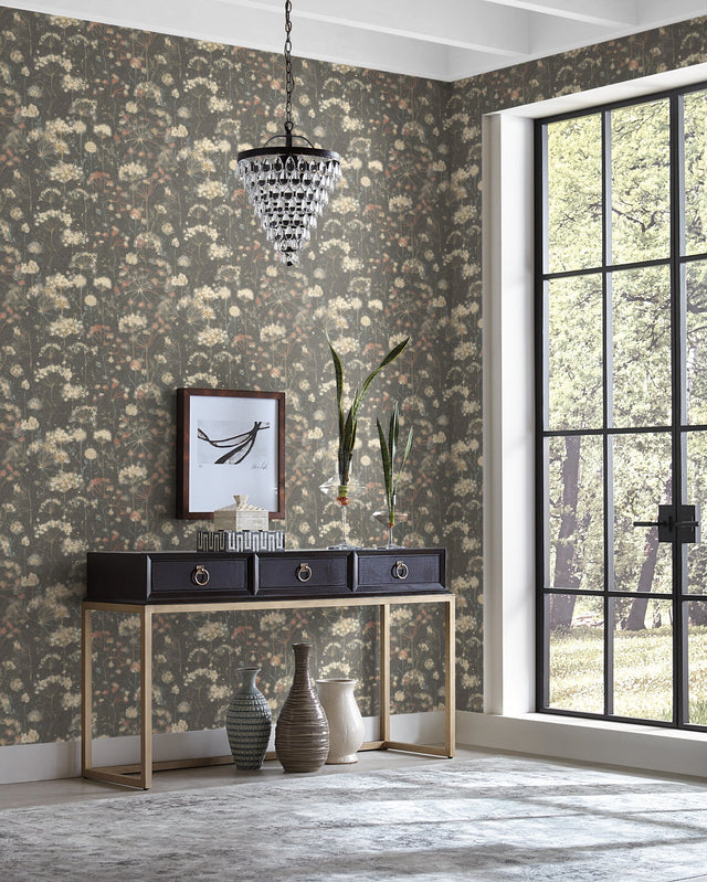 Botanical Fantasy Black Wallpaper with Painterly Floral Pattern, Modern Style - York NA0545