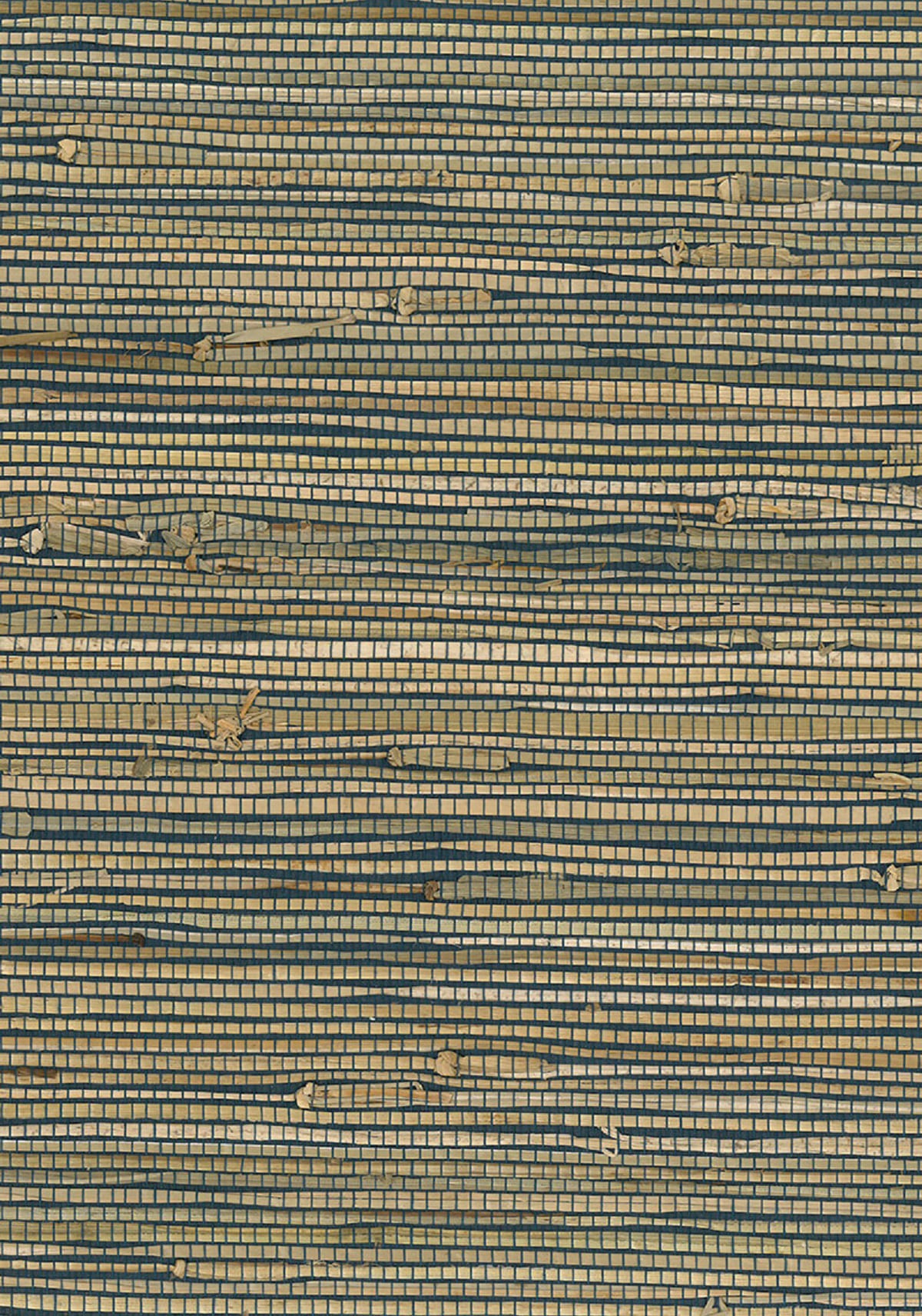 Rushcloth grasscloth wallpaper in blue and brown with a matte finish and textured, woven look.