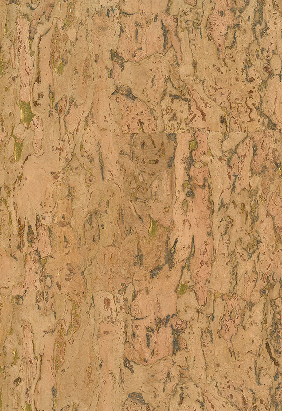 Natural cork grasscloth wallpaper in warm brown with subtle metallic gold accents and organic marbling texture.