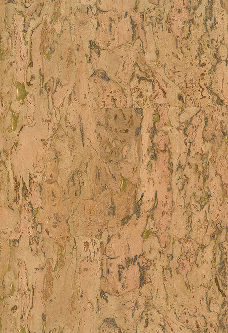 Natural cork grasscloth wallpaper in warm brown with subtle metallic gold accents and organic marbling texture.