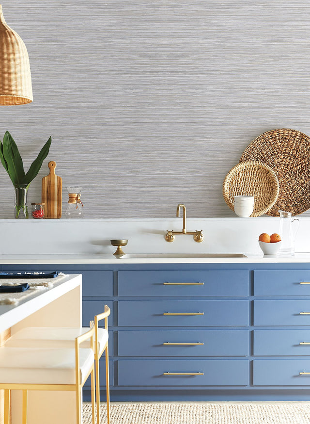 Grass Roots Grey Faux Grasscloth Wallpaper with Metallic Texture - York ND3033N