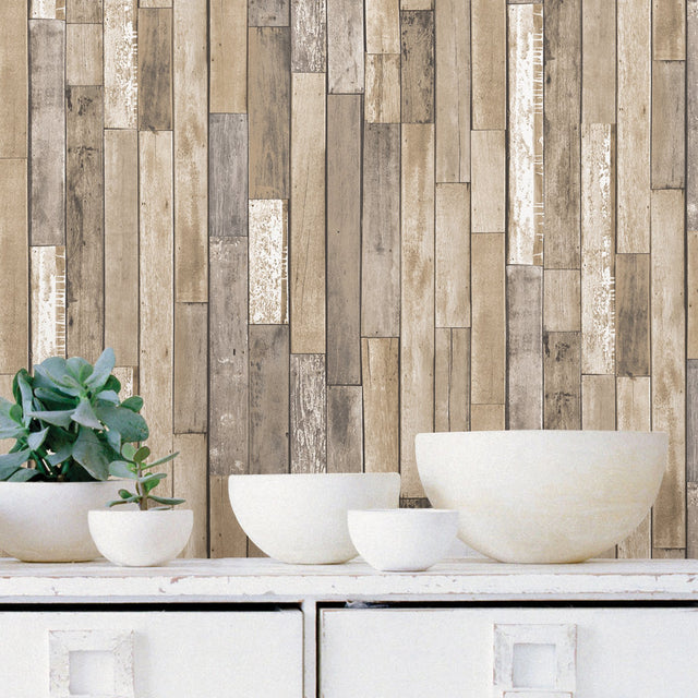 Weathered Plank Barn Brown Peel & Stick Wallpaper with Distressed Wood Plank Pattern, Country Style - InHome NH3057