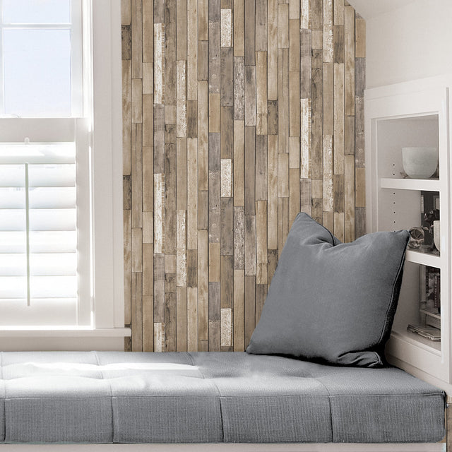 Weathered Plank Barn Brown Peel & Stick Wallpaper with Distressed Wood Plank Pattern, Country Style - InHome NH3057