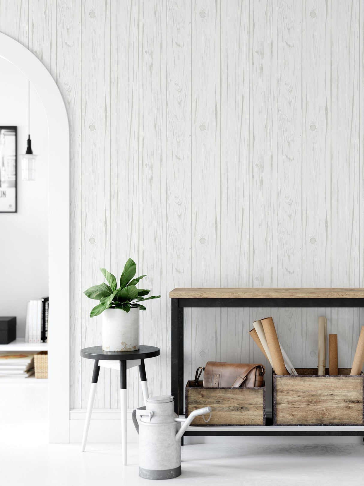 White Barnwood Peel & Stick Wallpaper in White - InHome NH3551