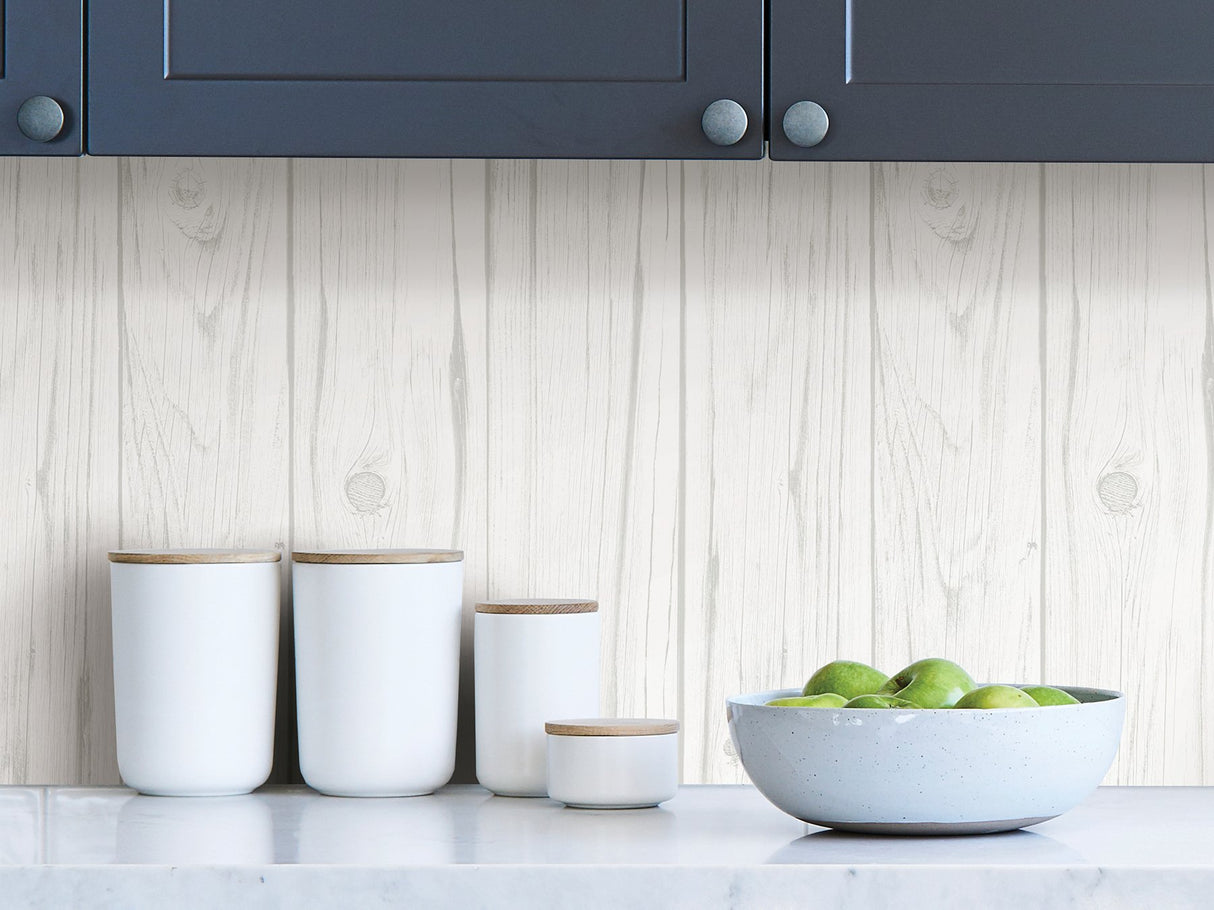 White Barnwood Peel & Stick Wallpaper in White - InHome NH3551