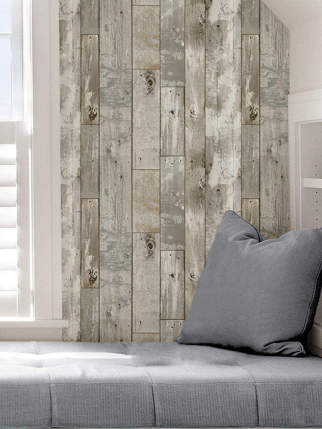 Driftwood Peel & Stick Wallpaper Brown Wood Look with Coastal Textured Motif - InHome NH3552