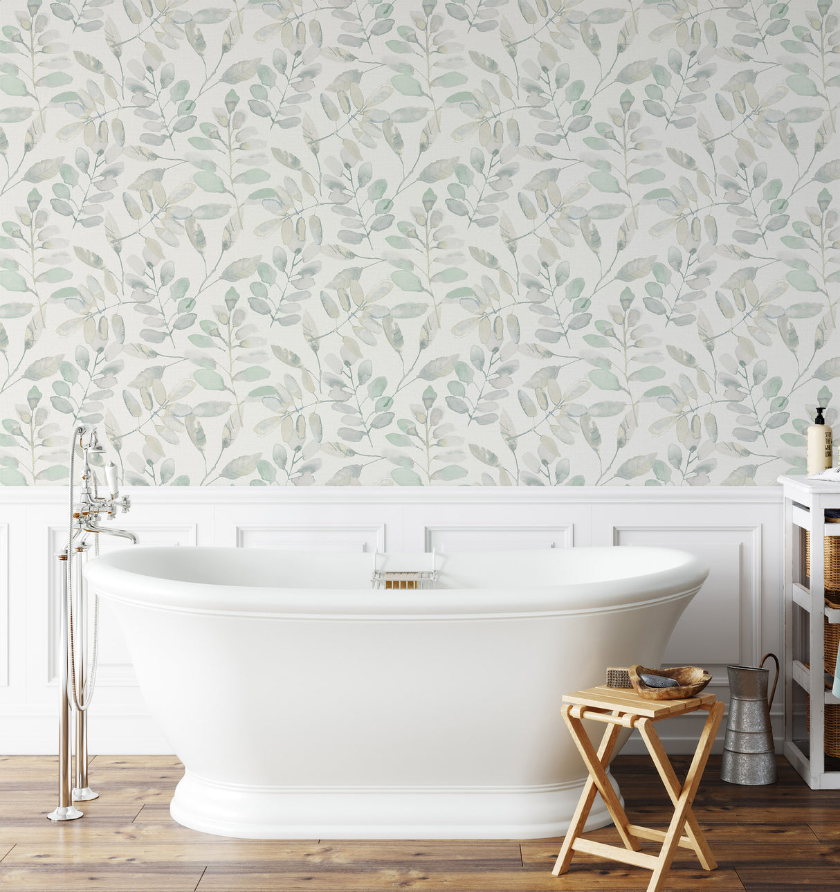 Lotus Green by InHome Delicate Watercolor Botanical Leaf and Branch Peel and Stick Wallpaper - WallPops Collection - NH4330