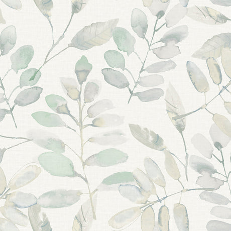 Lotus Green Peel and Stick Wallpaper by InHome featuring a soft watercolor botanical leaf and branch pattern in greens and grays - NH4330