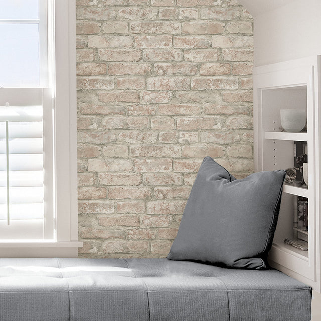 White Washed Denver Brick Peel & Stick Wallpaper, Textured Farmhouse Graphic Pattern - InHome NHS3708