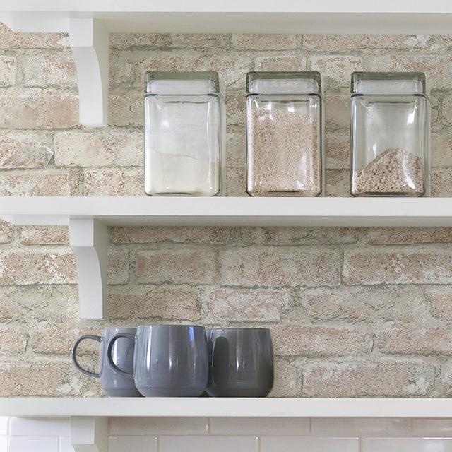 White Washed Denver Brick Peel & Stick Wallpaper, Textured Farmhouse Graphic Pattern - InHome NHS3708
