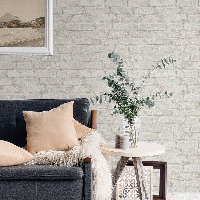 Denver Brick White Peel & Stick Textured Wallpaper with Farmhouse Style - Brewster NHS3709