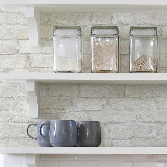Denver Brick White Peel & Stick Textured Wallpaper with Farmhouse Style - Brewster NHS3709