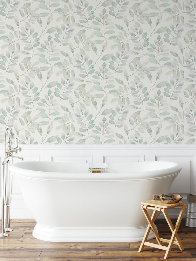 Fable Leaf White Peel & Stick Wallpaper with Modern Botanical Leaves Pattern - InHome NHS3764