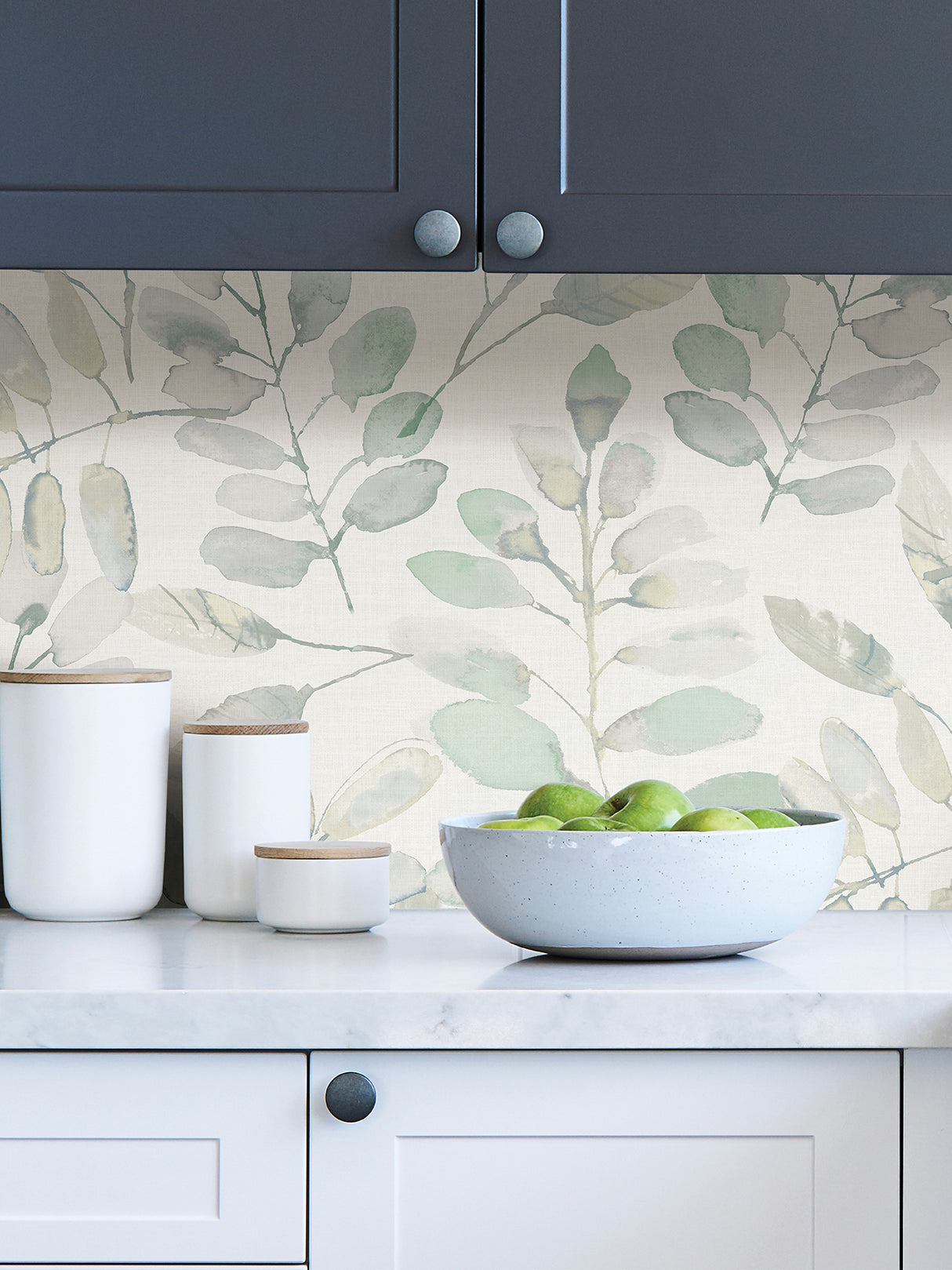 Fable Leaf White Aqua and Grey by InHome Modern Botanical Watercolor Leaf Peel and Stick Wallpaper Set of 2 Rolls - TNHS3764