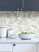Fable Leaf White Aqua and Grey by InHome Modern Botanical Watercolor Leaf Peel and Stick Wallpaper Set of 2 Rolls - TNHS3764