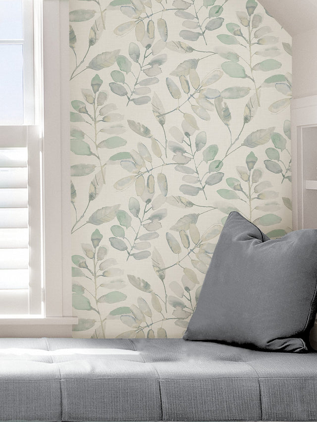 Fable Leaf White Peel & Stick Wallpaper with Modern Botanical Leaves Pattern - InHome NHS3764