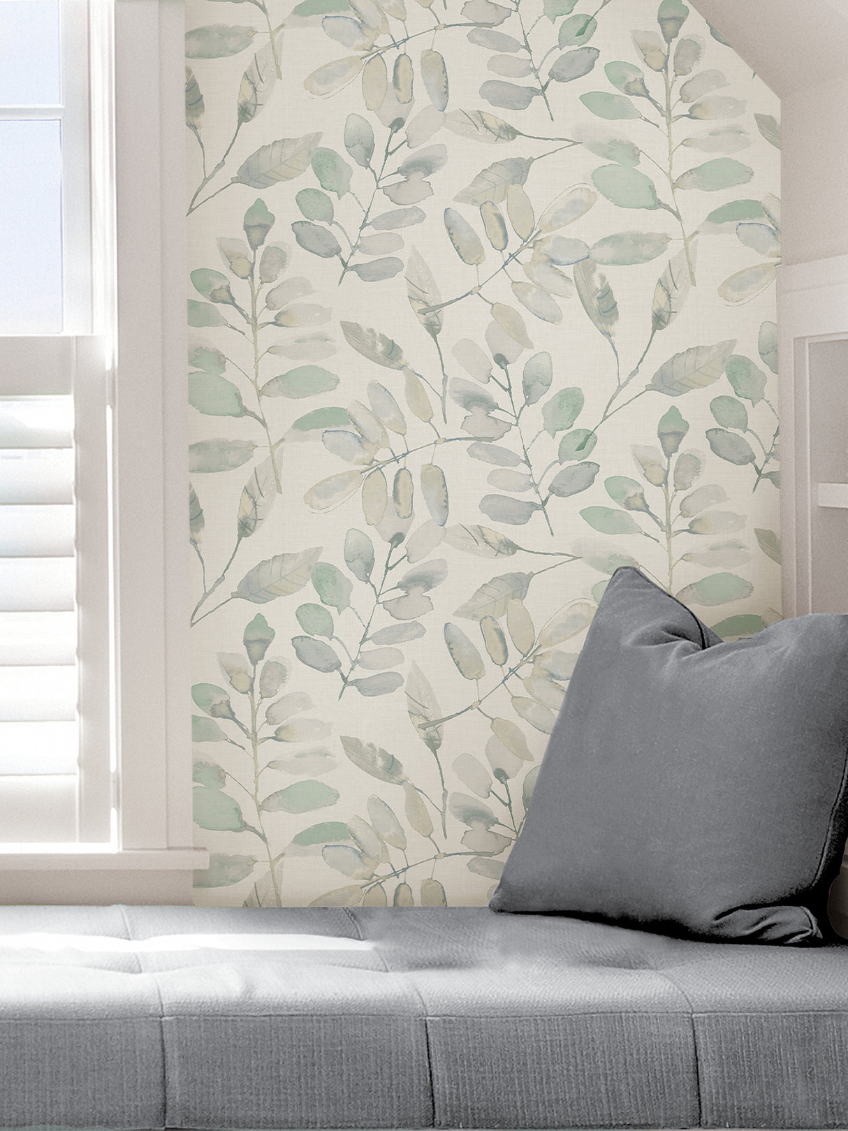 Fable Leaf White Aqua and Grey by InHome Modern Botanical Watercolor Leaf Peel and Stick Wallpaper Set of 2 Rolls - TNHS3764