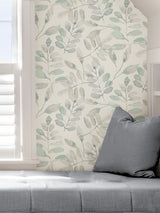Fable Leaf White Aqua and Grey by InHome Modern Botanical Watercolor Leaf Peel and Stick Wallpaper Set of 2 Rolls - TNHS3764