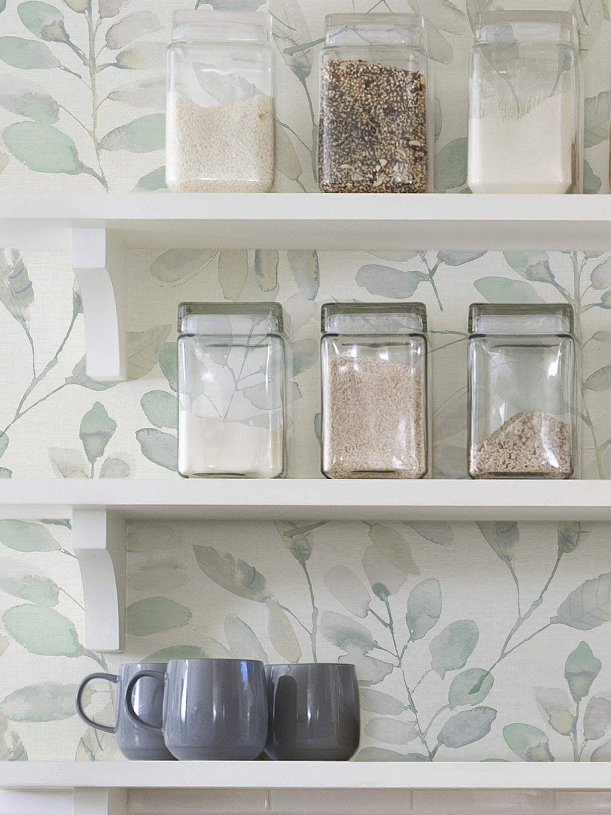 Fable Leaf White Aqua and Grey by InHome Modern Botanical Watercolor Leaf Peel and Stick Wallpaper Set of 2 Rolls - TNHS3764