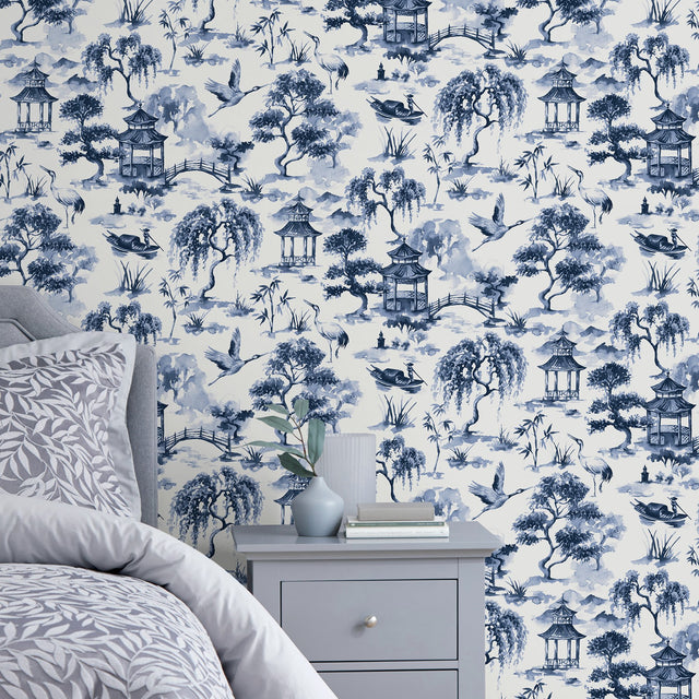 Oriental Scene Navy Peel & Stick Wallpaper