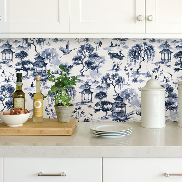 Oriental Scene Navy Peel & Stick Wallpaper