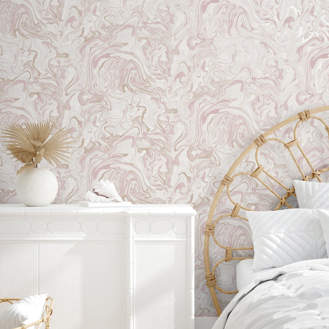 Marble Blush Swirl Peel & Stick Wallpaper Blush with Abstract Distressed Textures Bohemian Pattern - NHS4770