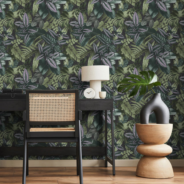 Living Green Wall Peel & Stick Wallpaper in Green with Botanical Leaves Pattern, Tropical Style - NHS4778