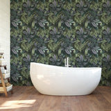 Living Green Wall Peel & Stick Wallpaper in Green with Botanical Leaves Pattern, Tropical Style - NHS4778