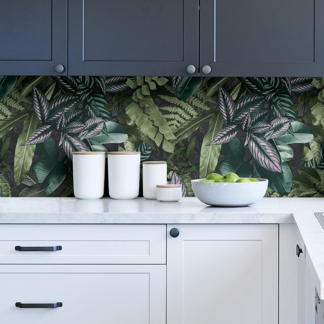 Living Green Wall Peel & Stick Wallpaper in Green with Botanical Leaves Pattern, Tropical Style - NHS4778