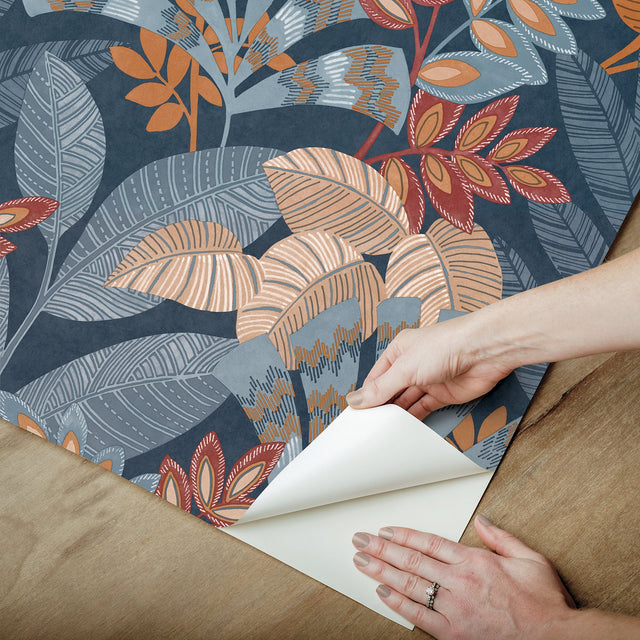 Yara Blue Peel & Stick Wallpaper with Botanical Leaves Pattern, Transitional Style - InHome NHS6171