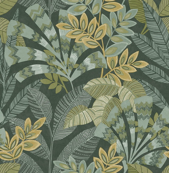 Yara Green Peel & Stick Wallpaper with Botanical Leaf Pattern - Brewster NHS6172