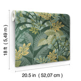 Yara Green Peel & Stick Wallpaper with Botanical Leaf Pattern - Brewster NHS6172