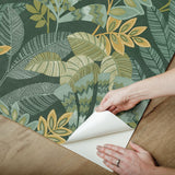 Yara Green Peel & Stick Wallpaper with Botanical Leaf Pattern - Brewster NHS6172