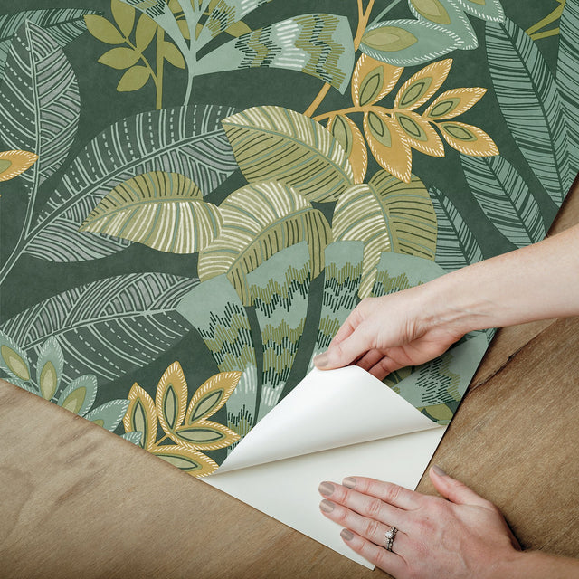 Yara Green Peel & Stick Wallpaper with Botanical Leaf Pattern - Brewster NHS6172