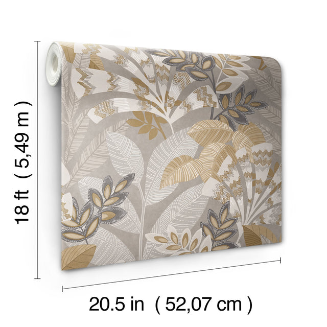 Yara Taupe Peel & Stick Wallpaper with Botanical Leaves Motif - InHome NHS6173