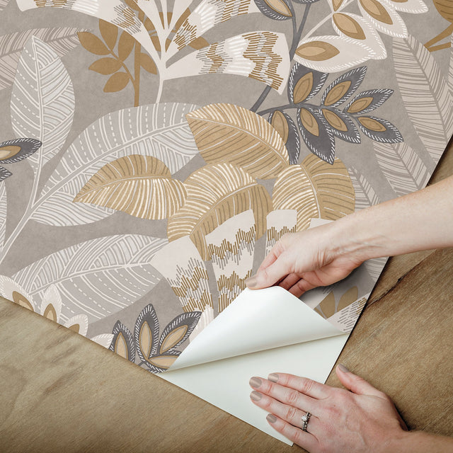 Yara Taupe Peel & Stick Wallpaper with Botanical Leaves Motif - InHome NHS6173
