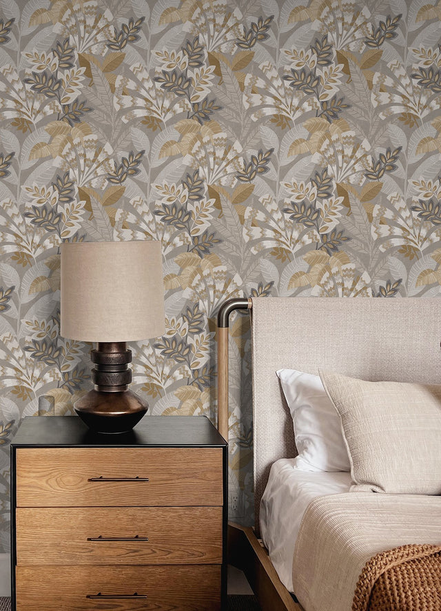 Yara Taupe Peel & Stick Wallpaper with Botanical Leaves Motif - InHome NHS6173