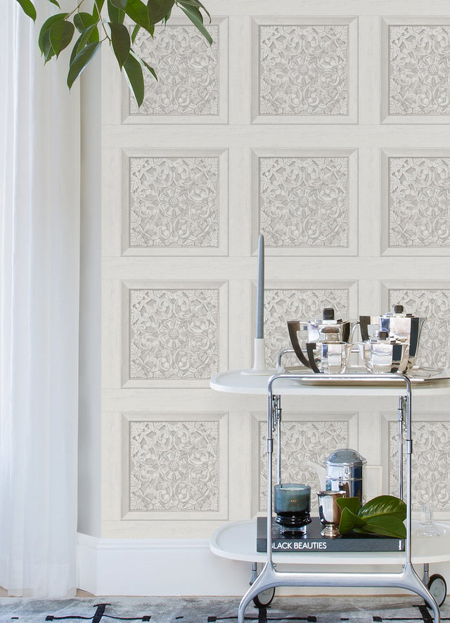 Carved Floral White Peel & Stick Wallpaper with Wood Panel Motif - InHome NHS6175