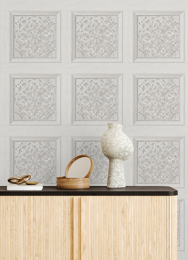 Carved Floral White Peel & Stick Wallpaper with Wood Panel Motif - InHome NHS6175
