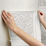 Carved Floral White Peel & Stick Wallpaper with Wood Panel Motif - InHome NHS6175