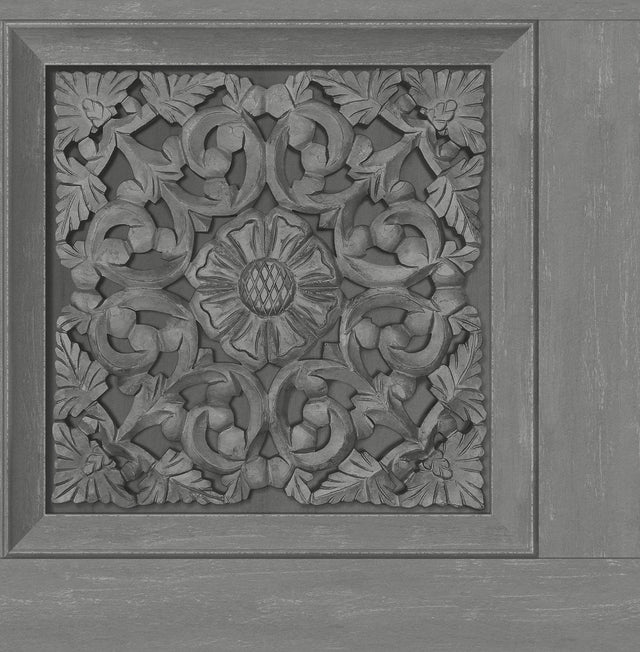 Carved Floral Grey Peel & Stick Wallpaper with Wood Panel Motif - InHome NHS6176