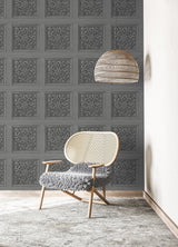 Carved Floral Grey Peel & Stick Wallpaper with Wood Panel Motif - InHome NHS6176