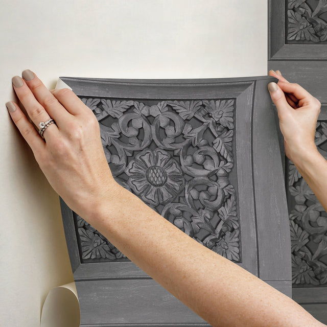 Carved Floral Grey Peel & Stick Wallpaper with Wood Panel Motif - InHome NHS6176
