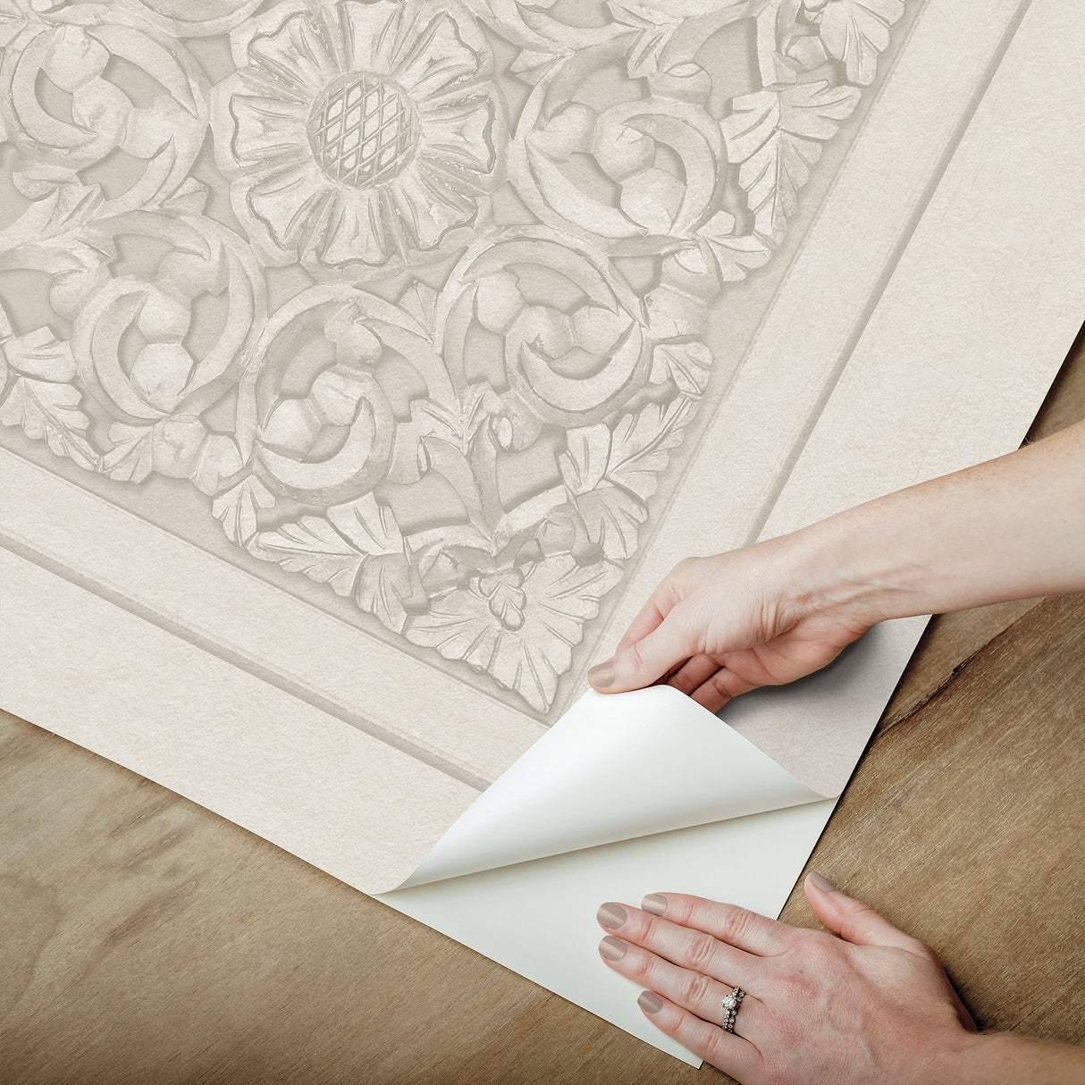Carved Floral Cream Peel & Stick Wallpaper with Wood Panel Motif - InHome NHS6177