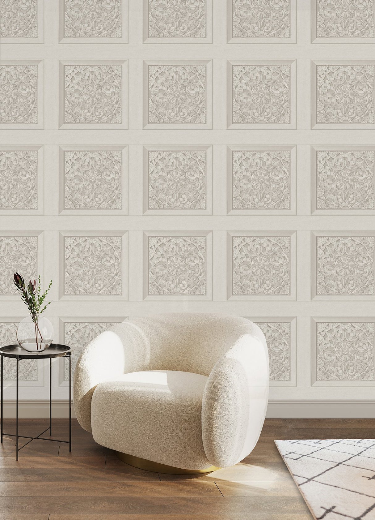 Carved Floral Cream Peel & Stick Wallpaper with Wood Panel Motif - InHome NHS6177