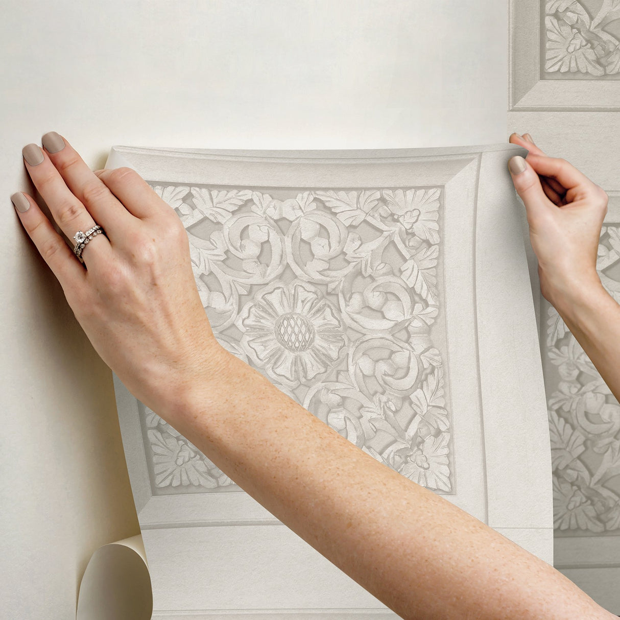 Carved Floral Cream Peel & Stick Wallpaper with Wood Panel Motif - InHome NHS6177