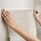 Carved Floral Cream Peel & Stick Wallpaper with Wood Panel Motif - InHome NHS6177